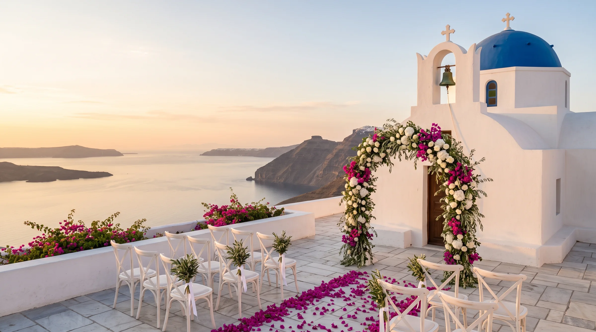 Capelinha branca de cúpula azul em Oia, com arco de flores, cadeiras brancas e a caldeira de Santorini ao pôr do sol
